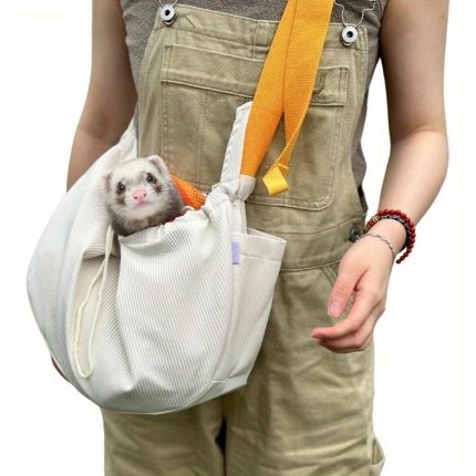 Adjustable Hands-Free Ferret Sling Carrier - Soft Comfortable Crossbody Backpack with Front Pocket for Small Pets, Rabbit, Puppy, Kitten - Durable Beige Travel & Outdoor Pet Bonding Pouch