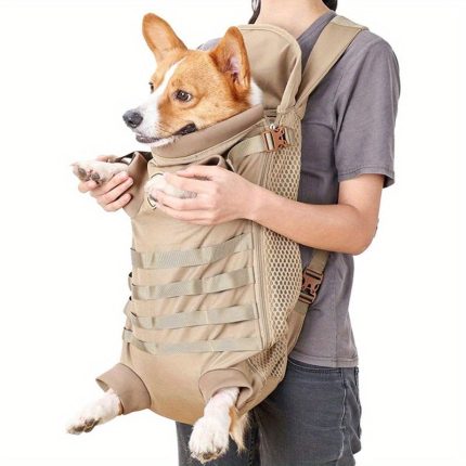Large Tactical Dog Carrier Backpack with Hands-Free Legs Out - Front Facing Window, Ventilation Mesh Panels & Safety Buckles - Heavy-Duty Pet Travel Backpack for Medium Dogs up to 40 lbs - airline-approved for Airplane, Car, Hiking, Camping - Khaki